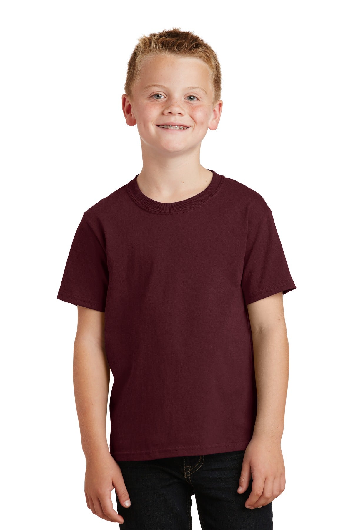 Front View of Ath Maroon Port & Co Youth Core Cotton Tee. PC54Y plain