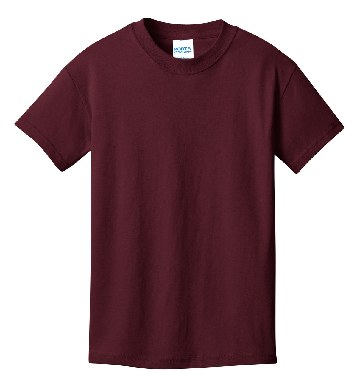 Front View of Ath Maroon Port & Co Youth Core Cotton Tee. PC54Y plain