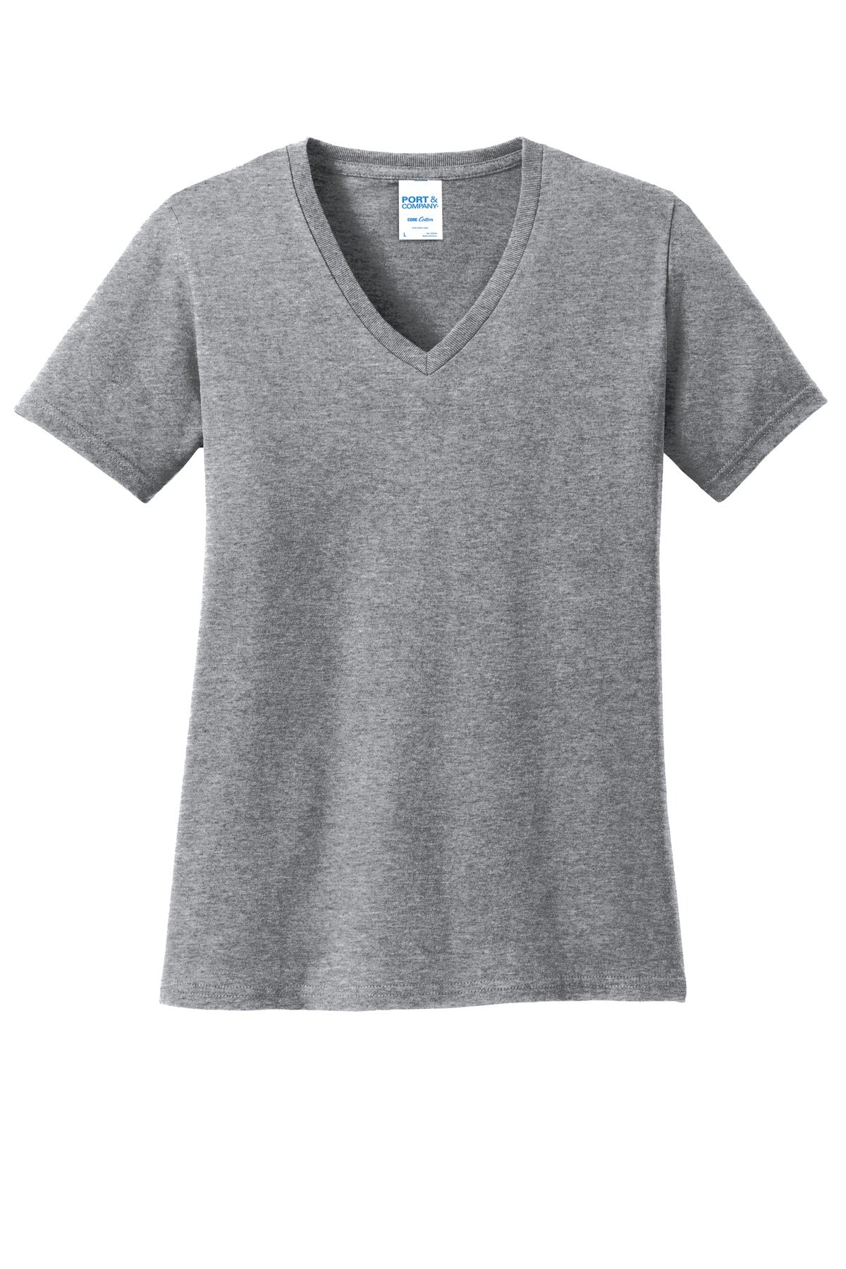 Front View of Athl Heather Port & Co Women's Core Cotton V-Neck Tee. LPC54V plain