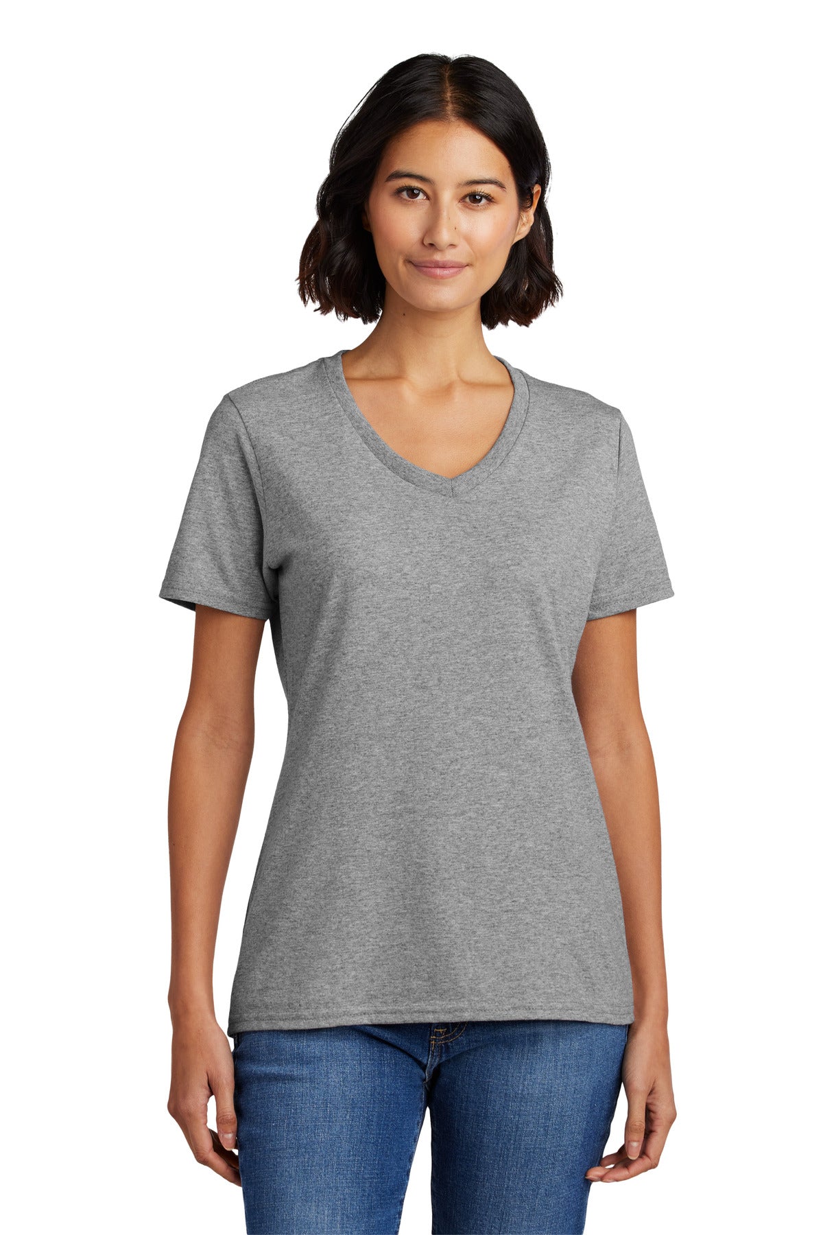 Front View of Athl Heather Port & Co Women's Core Cotton V-Neck Tee. LPC54V plain