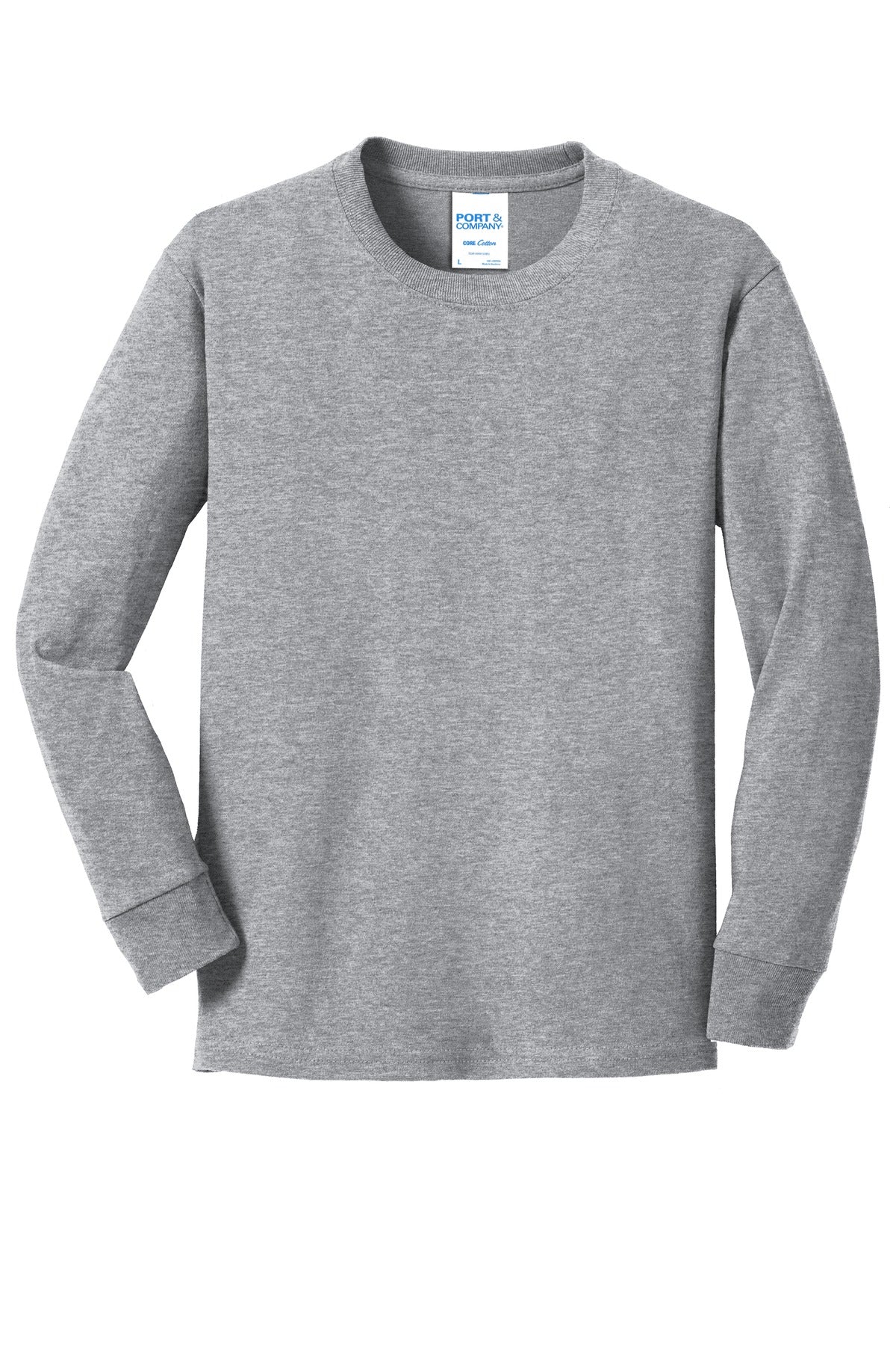 Front View of Athl Heather Port & Co Youth Long Sleeve Core Cotton Tee. PC54YLS plain
