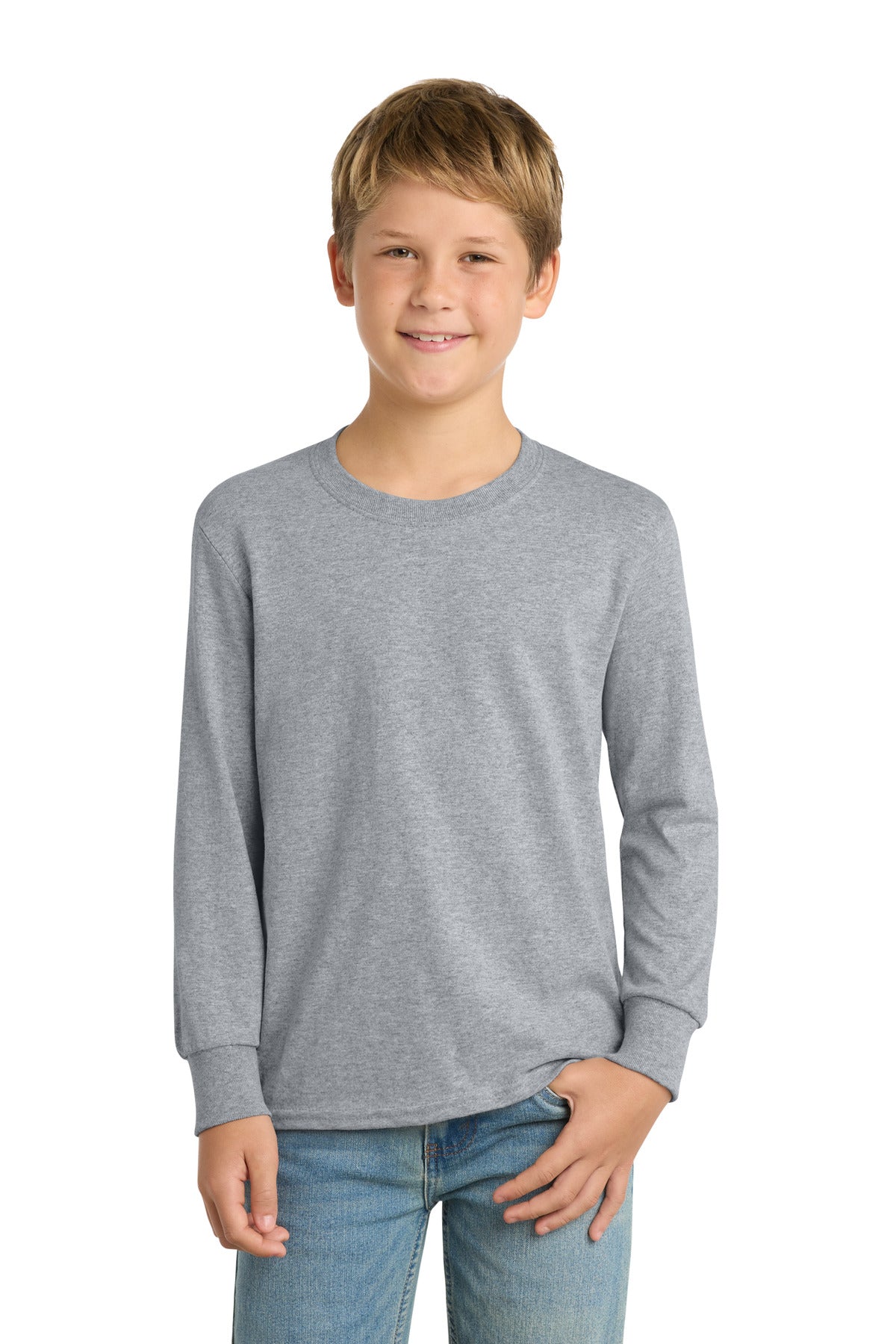 Front View of Athl Heather Port & Co Youth Long Sleeve Core Cotton Tee. PC54YLS plain