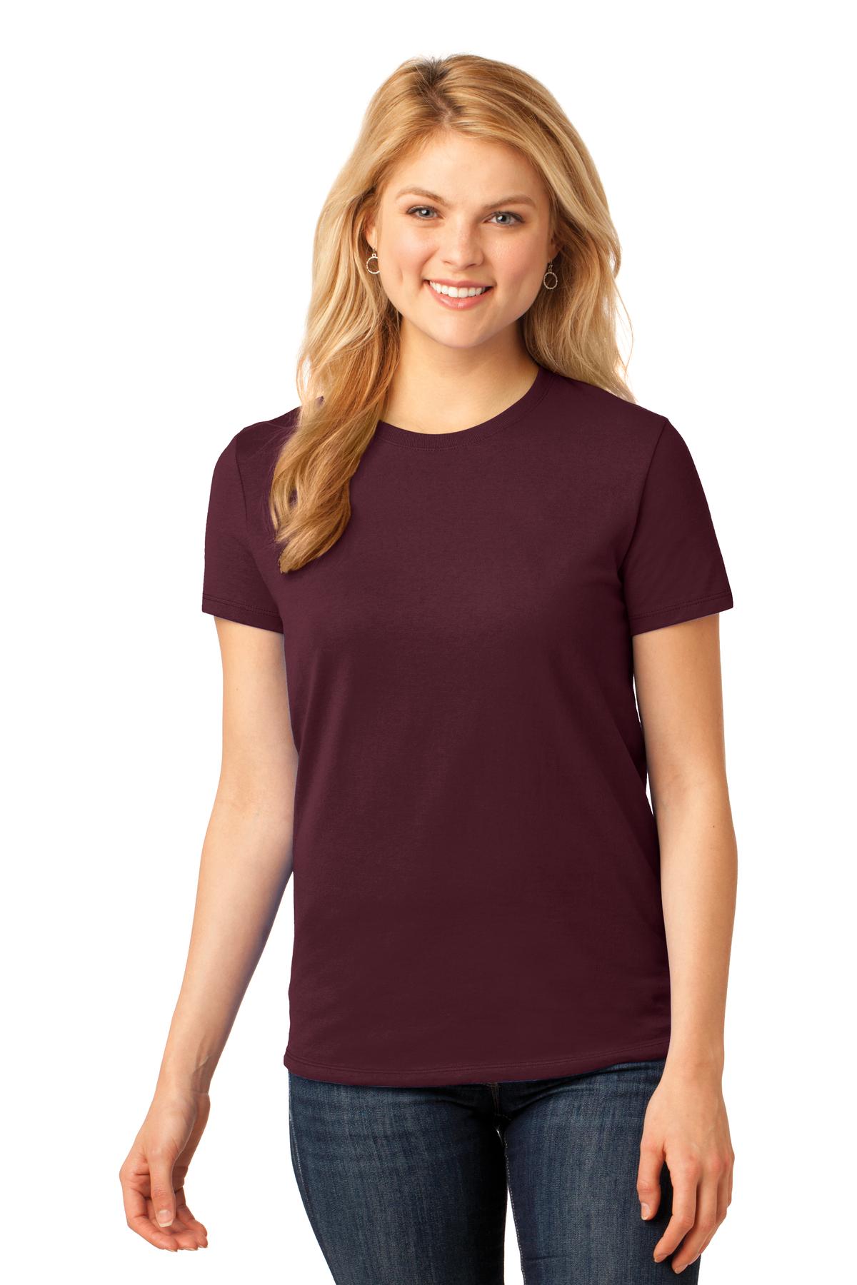Front View of Athl Maroon Port & Co Women's Core Cotton Tee. LPC54 plain