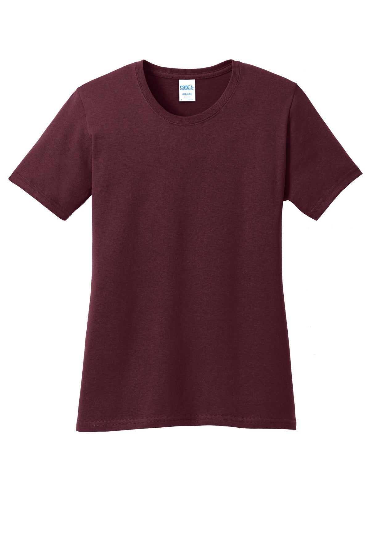 Front View of Athl Maroon Port & Co Women's Core Cotton Tee. LPC54 plain