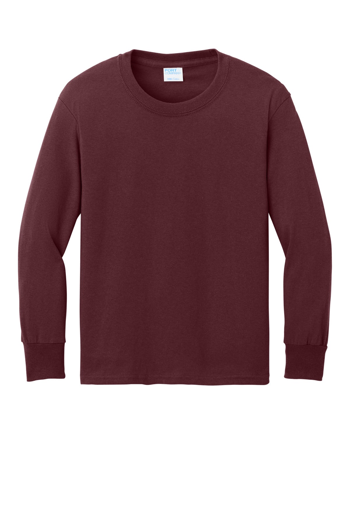 Front View of Athl Maroon Port & Co Youth Long Sleeve Core Cotton Tee. PC54YLS plain