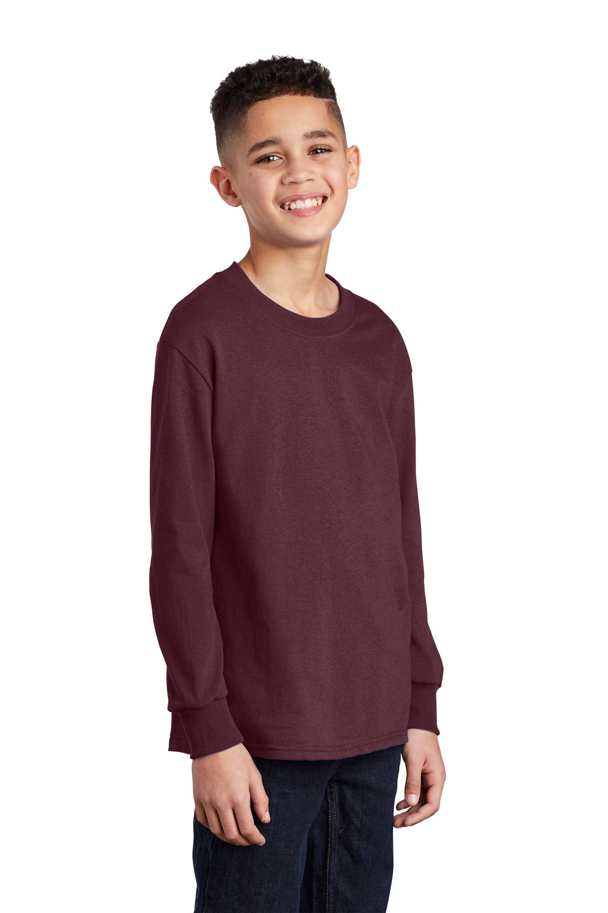 Front View of Athl Maroon Port & Co Youth Long Sleeve Core Cotton Tee. PC54YLS plain