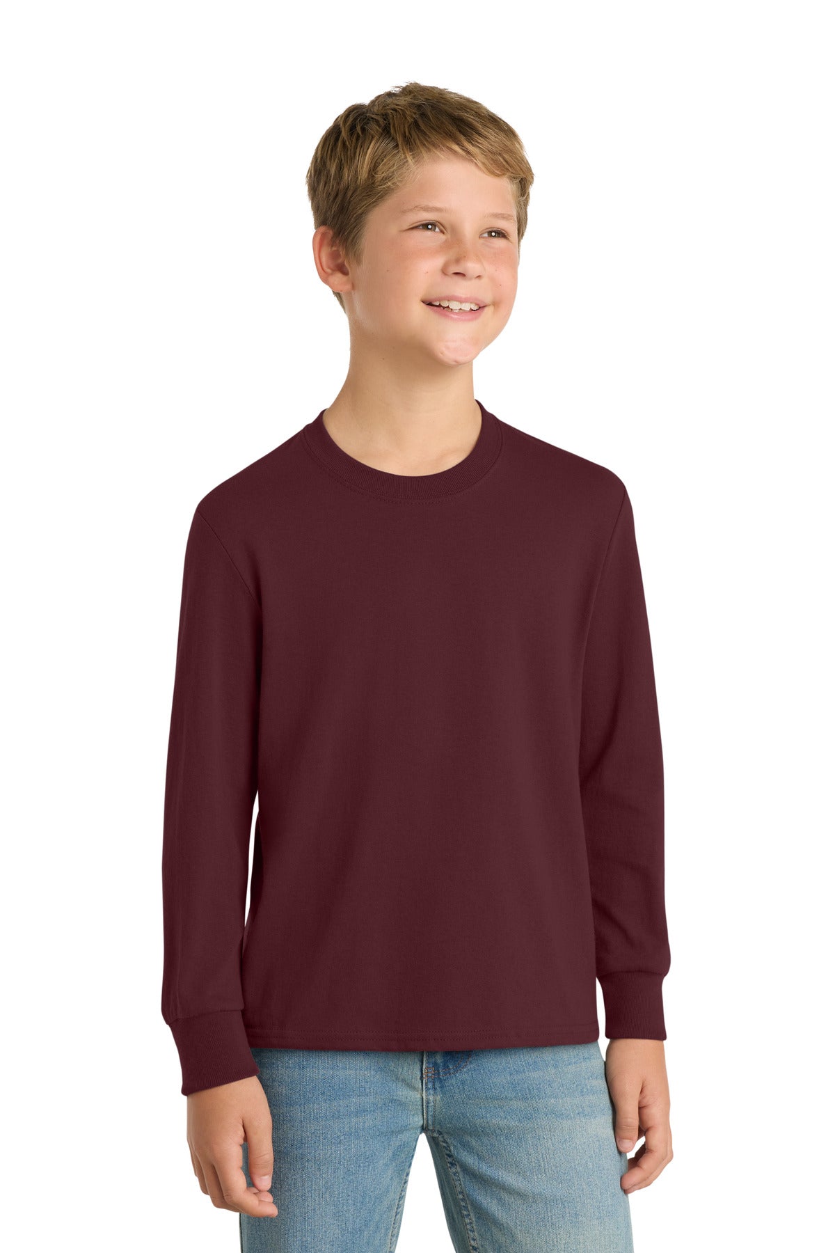 Front View of Athl Maroon Port & Co Youth Long Sleeve Core Cotton Tee. PC54YLS plain