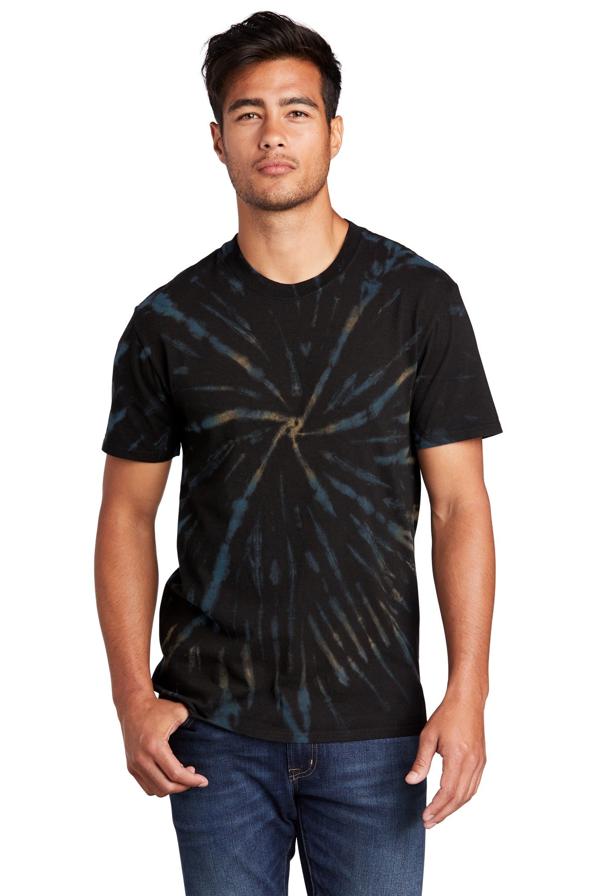 Front View of Black Galxy Sp Port & Co Tie-Dye Tee. PC147 plain