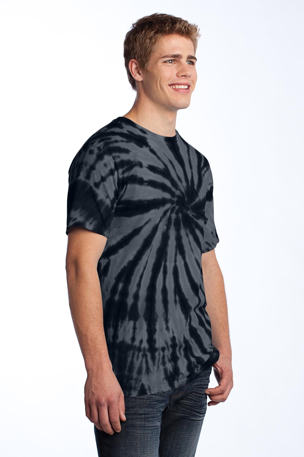 Front View of Black Port & Co Tie-Dye Tee. PC147 plain