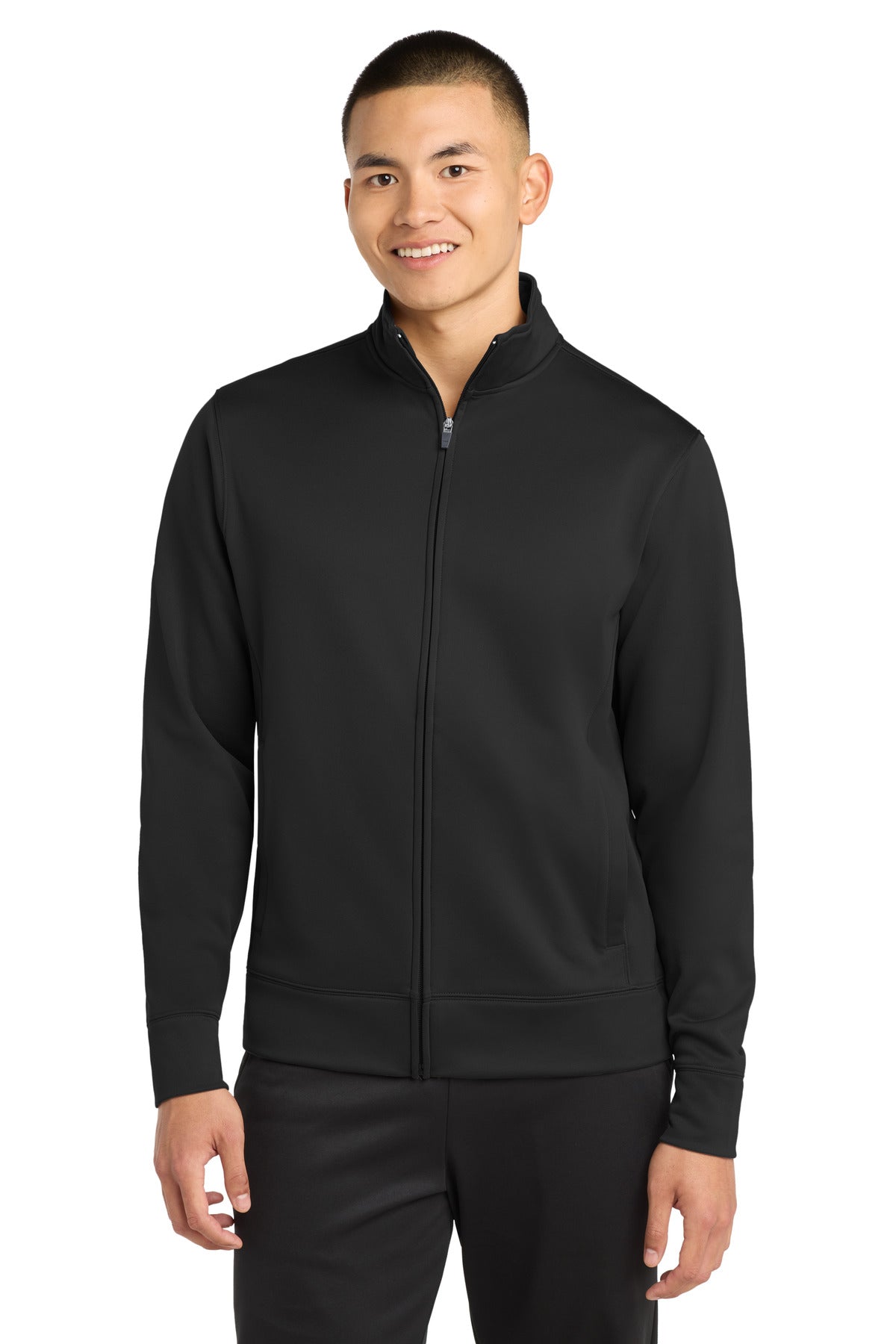Front View of Black Sport-Tek Sport-Wick Fleece Full-Zip Jacket. ST241 plain