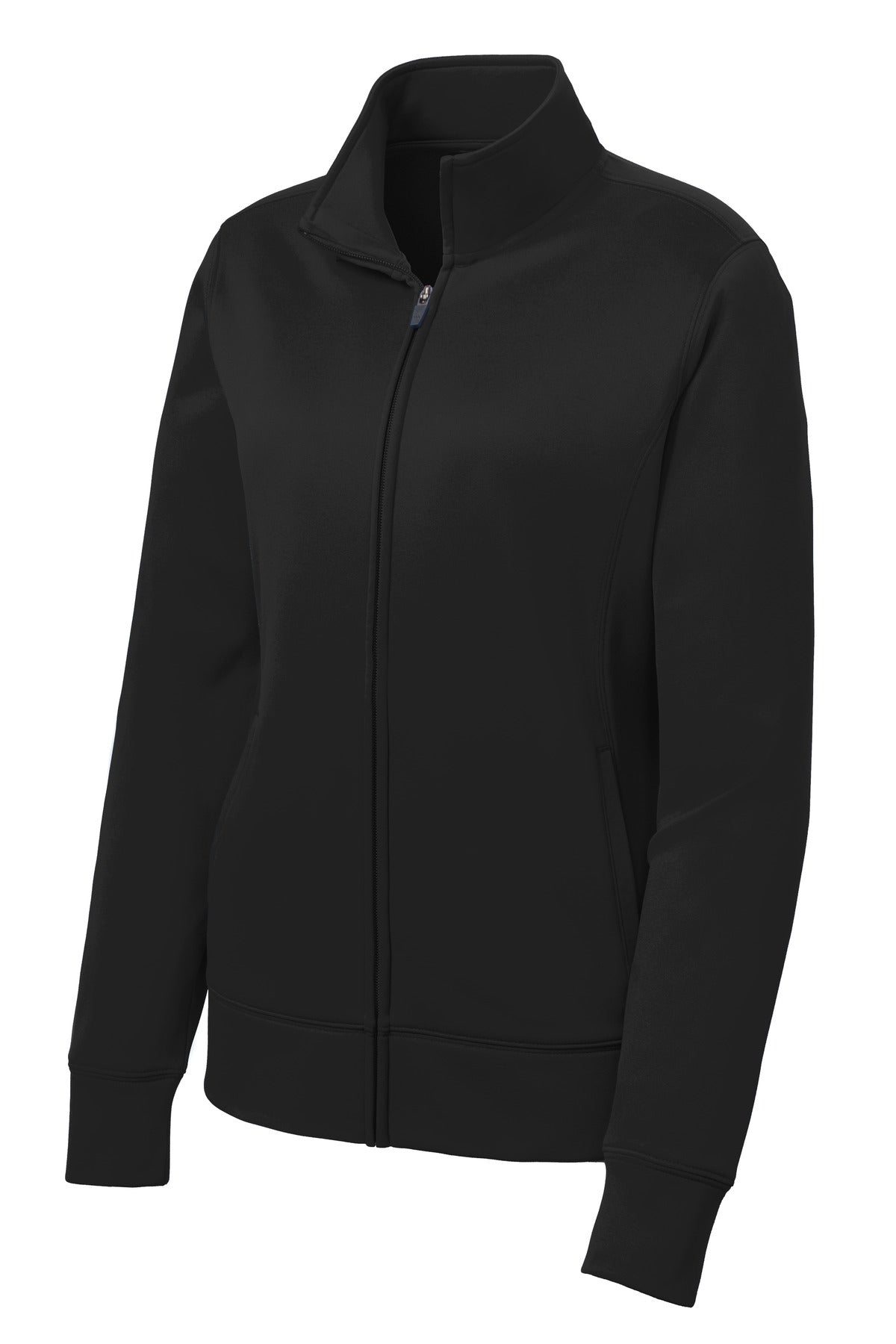 Front View of Black Sport-Tek Women's Sport-Wick Fleece Full-Zip Jacket. LST241 plain
