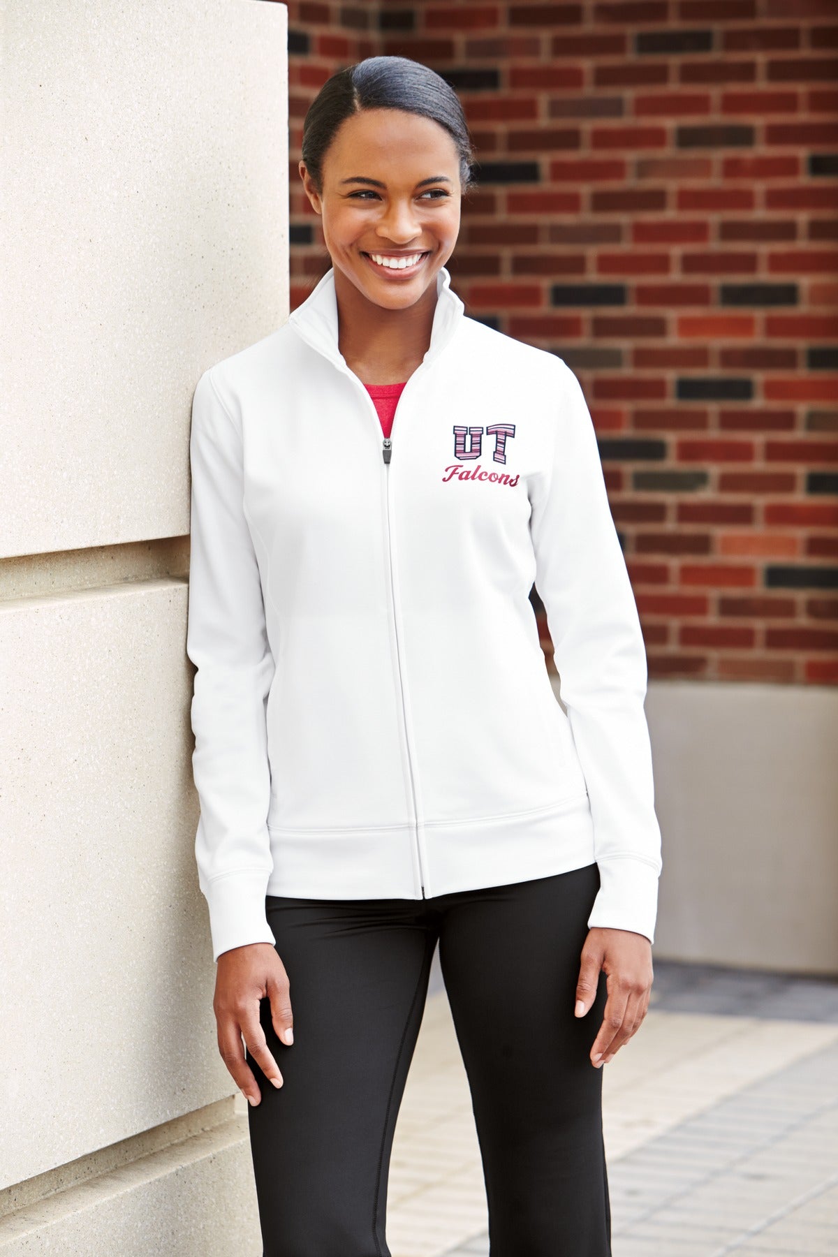 Front View of Black Sport-Tek Women's Sport-Wick Fleece Full-Zip Jacket. LST241 plain
