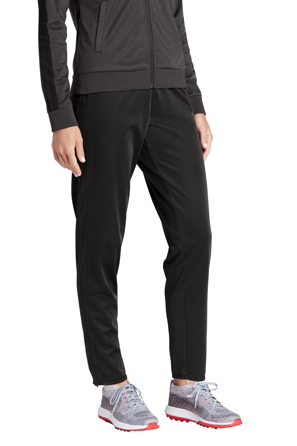 Front View of Black Sport-Tek Women's Tricot Track Jogger. LPST95 plain