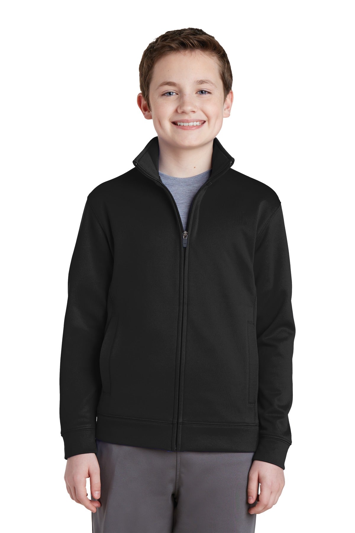 Front View of Black Sport-Tek Youth Sport-Wick Fleece Full-Zip Jacket. YST241 plain