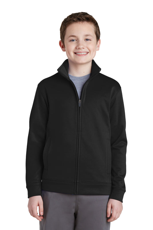 Front View of Black Sport-Tek Youth Sport-Wick Fleece Full-Zip Jacket. YST241 plain