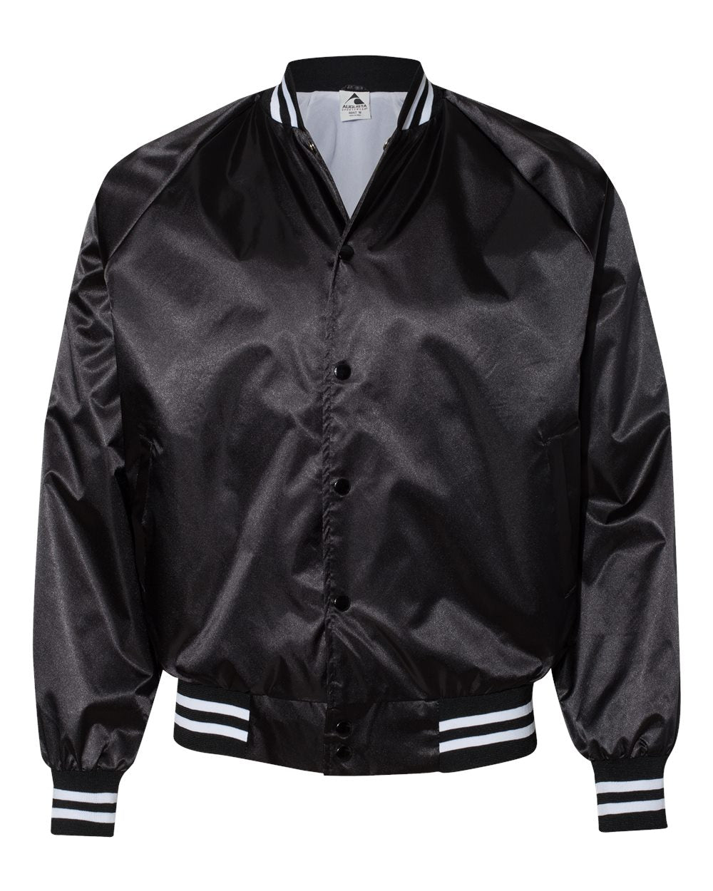 Front View of Black/ White Satin Baseball Jacket Striped Trim - 3610