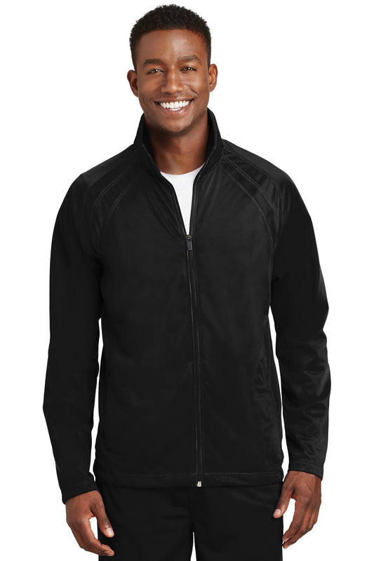 Front View of Black/Black Sport-Tek Tricot Track Jacket. JST90 plain