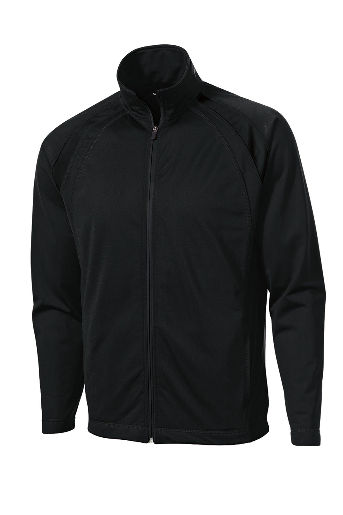 Front View of Black/Black Sport-Tek Tricot Track Jacket. JST90 plain