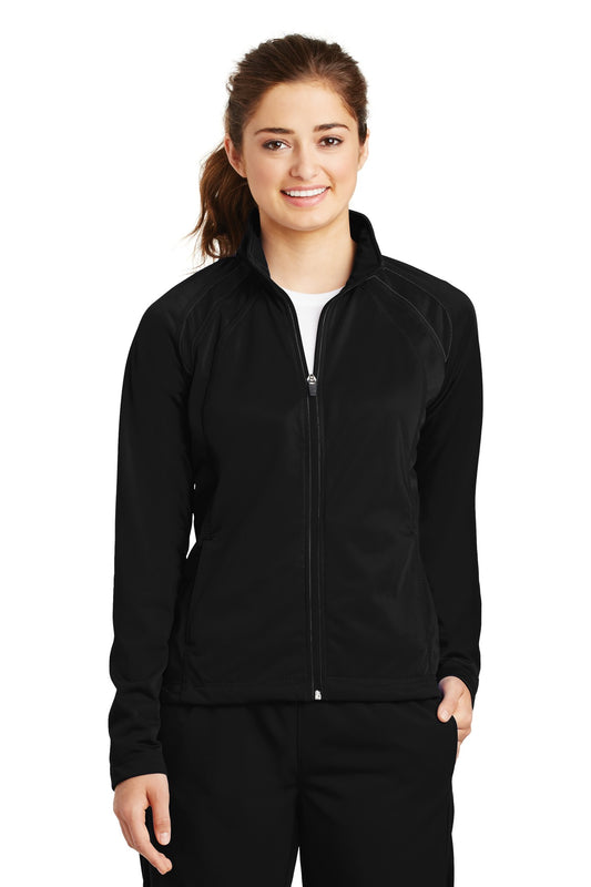 Front View of Black/Black Sport-Tek Women's Tricot Track Jacket. LST90 plain