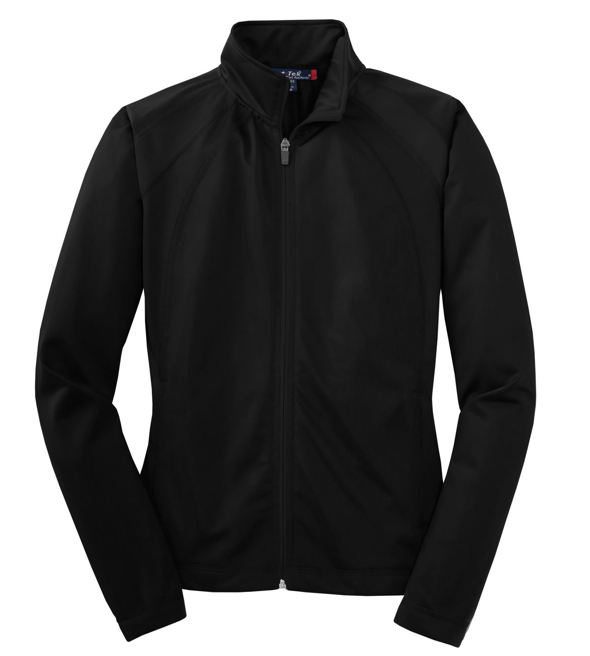 Front View of Black/Black Sport-Tek Women's Tricot Track Jacket. LST90 plain