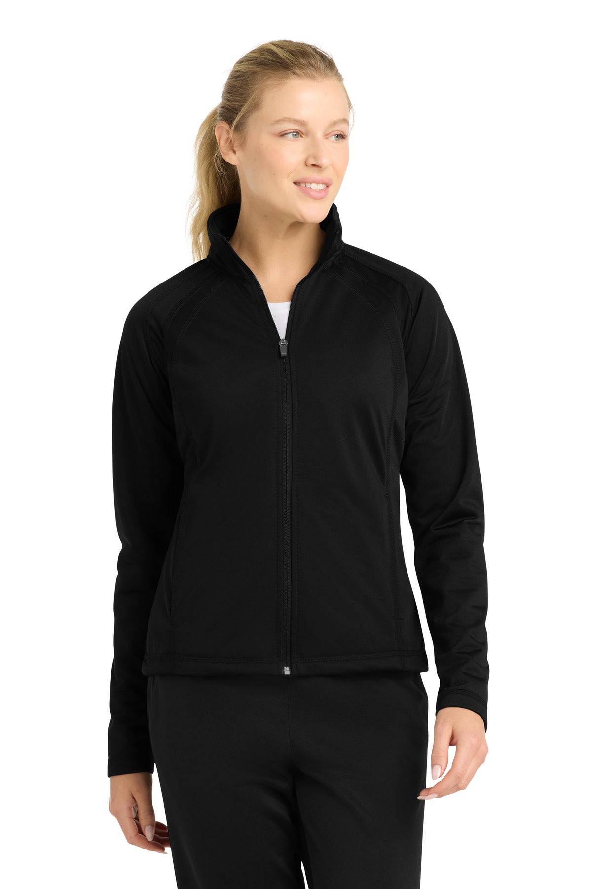 Front View of Black/Black Sport-Tek Women's Tricot Track Jacket. LST90 plain