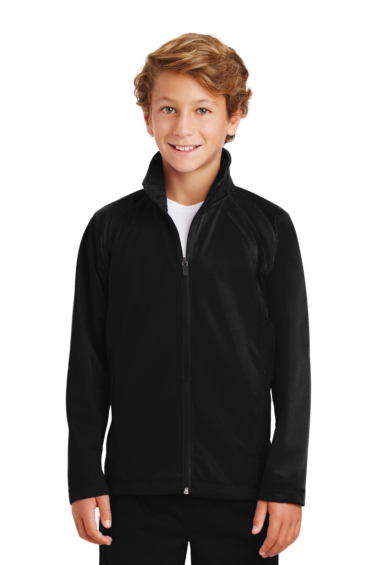 Front View of Black/Black Sport-Tek Youth Tricot Track Jacket. YST90 plain
