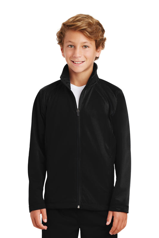 Front View of Black/Black Sport-Tek Youth Tricot Track Jacket. YST90 plain