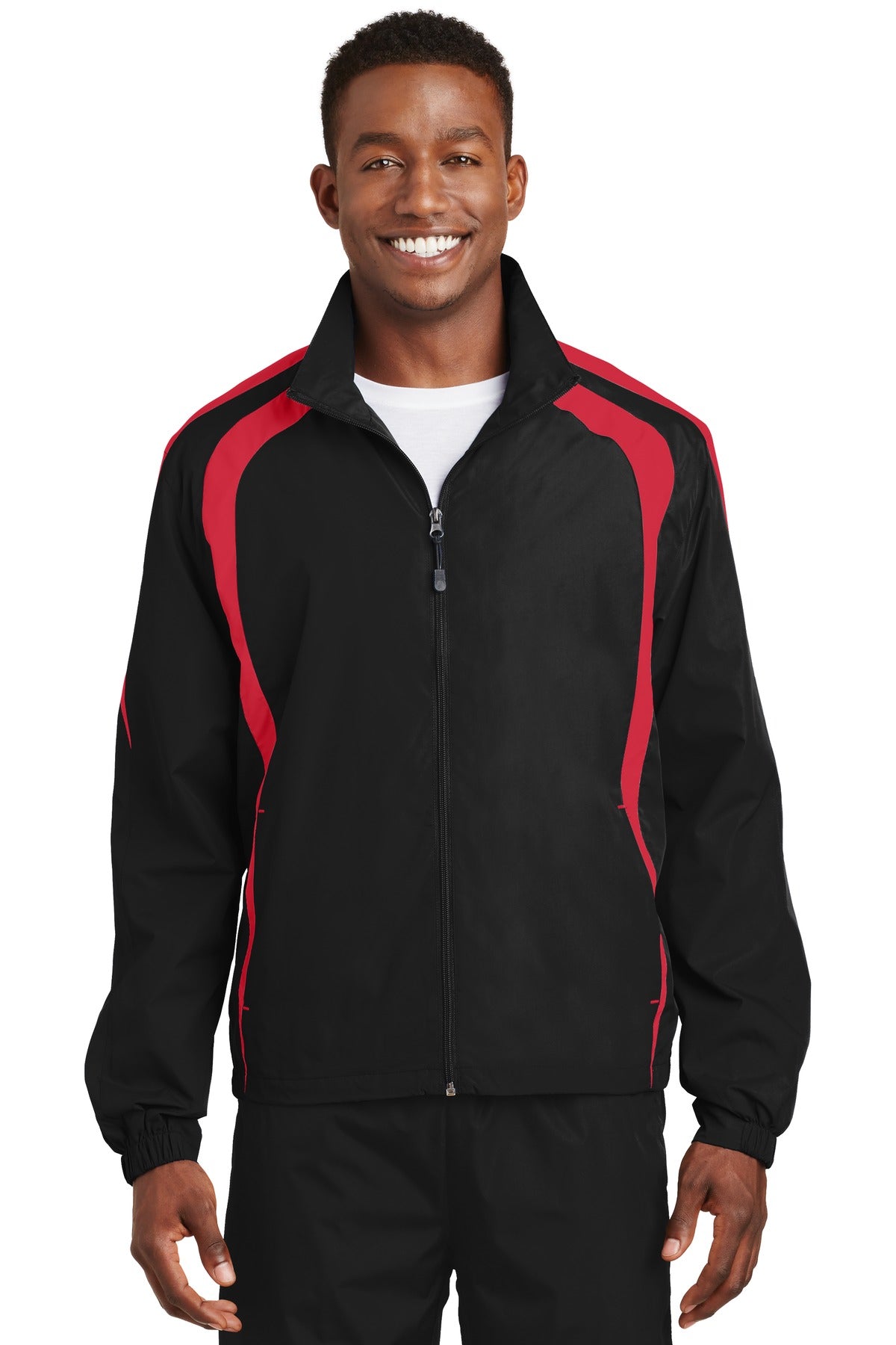 Front View of Black/True Red Sport-Tek Colorblock Raglan Jacket. JST60 plain