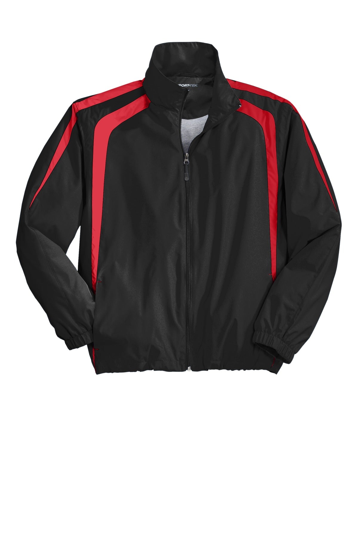 Front View of Black/True Red Sport-Tek Colorblock Raglan Jacket. JST60 plain