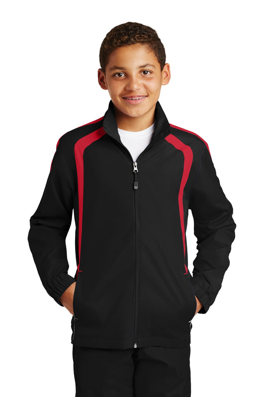 Front View of Black/True Red Sport-Tek Youth Colorblock Raglan Jacket. YST60 plain