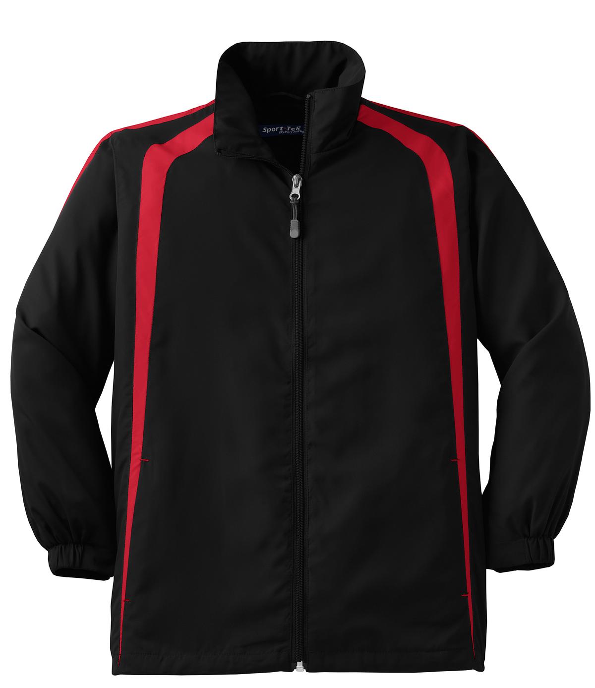 Front View of Black/True Red Sport-Tek Youth Colorblock Raglan Jacket. YST60 plain