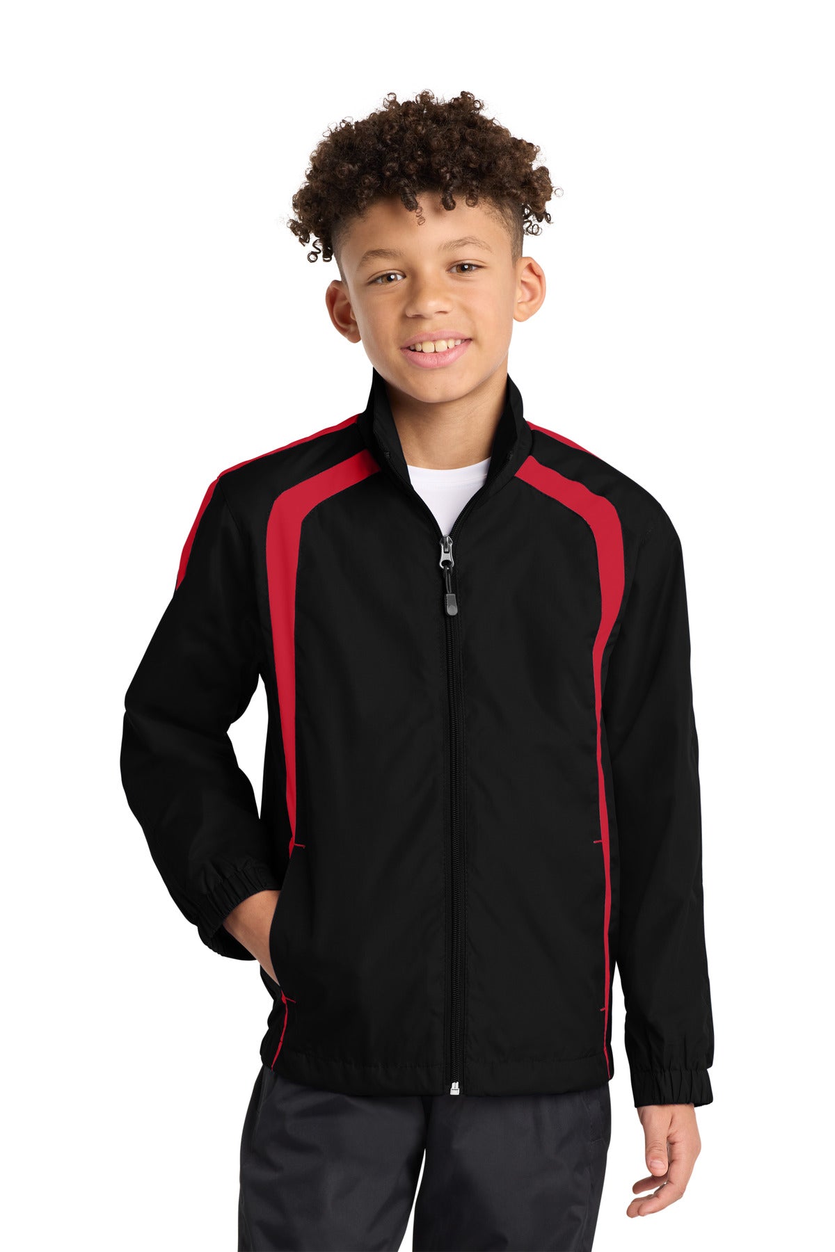 Front View of Black/True Red Sport-Tek Youth Colorblock Raglan Jacket. YST60 plain