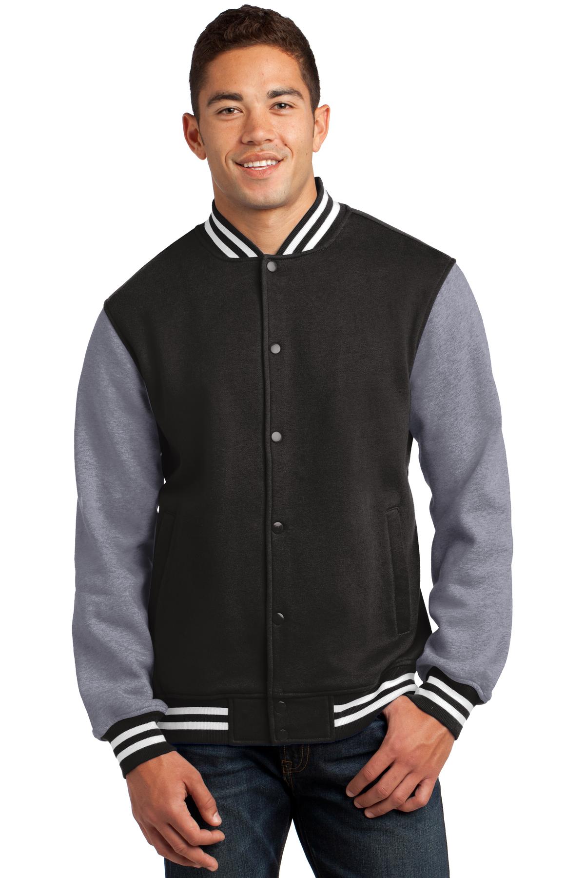 Front View of Black/Vnt Hthr Sport-Tek Fleece Letterman Jacket. ST270 plain