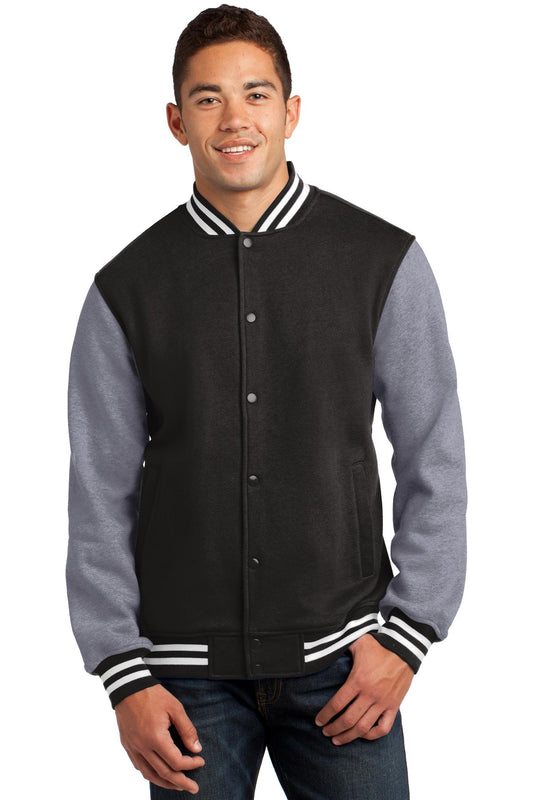 Front View of Black/Vnt Hthr Sport-Tek Fleece Letterman Jacket. ST270 plain