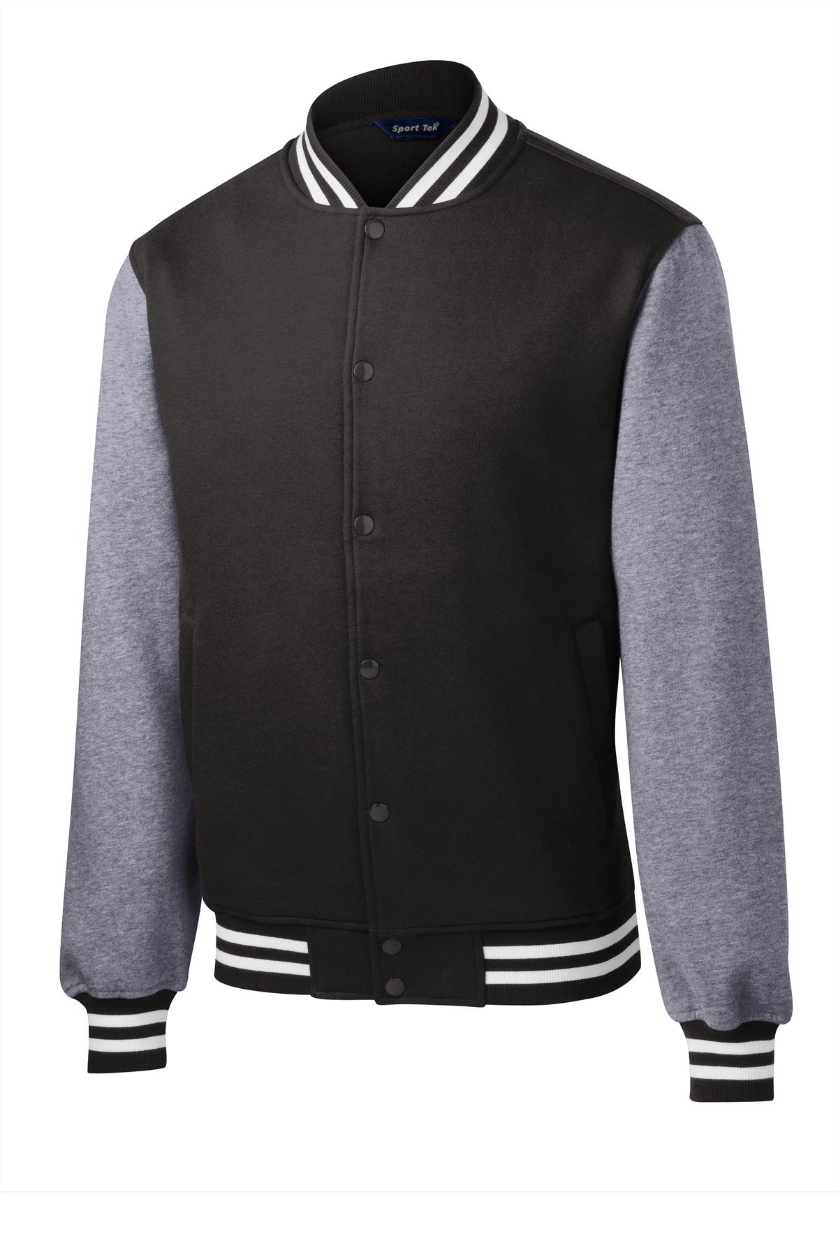 Front View of Black/Vnt Hthr Sport-Tek Fleece Letterman Jacket. ST270 plain
