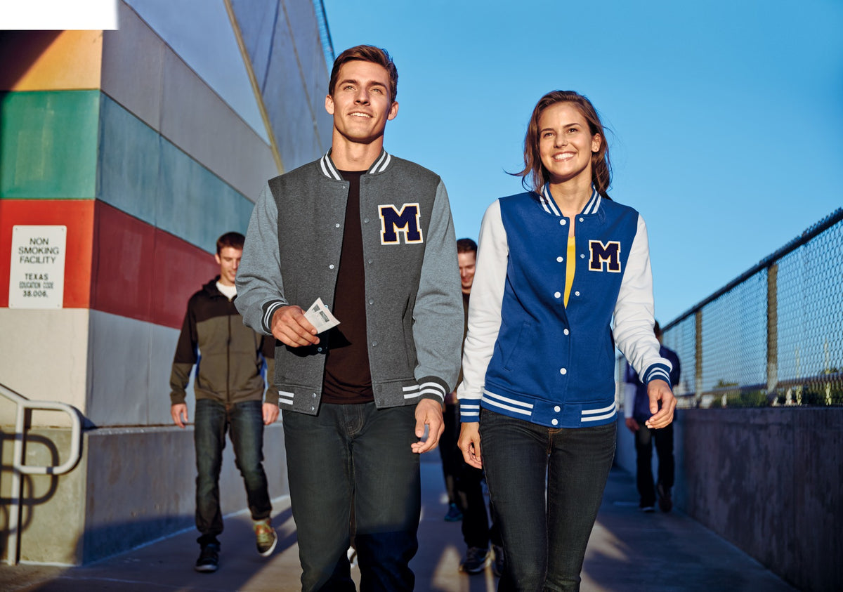 Front View of Black/Vnt Hthr Sport-Tek Fleece Letterman Jacket. ST270 plain