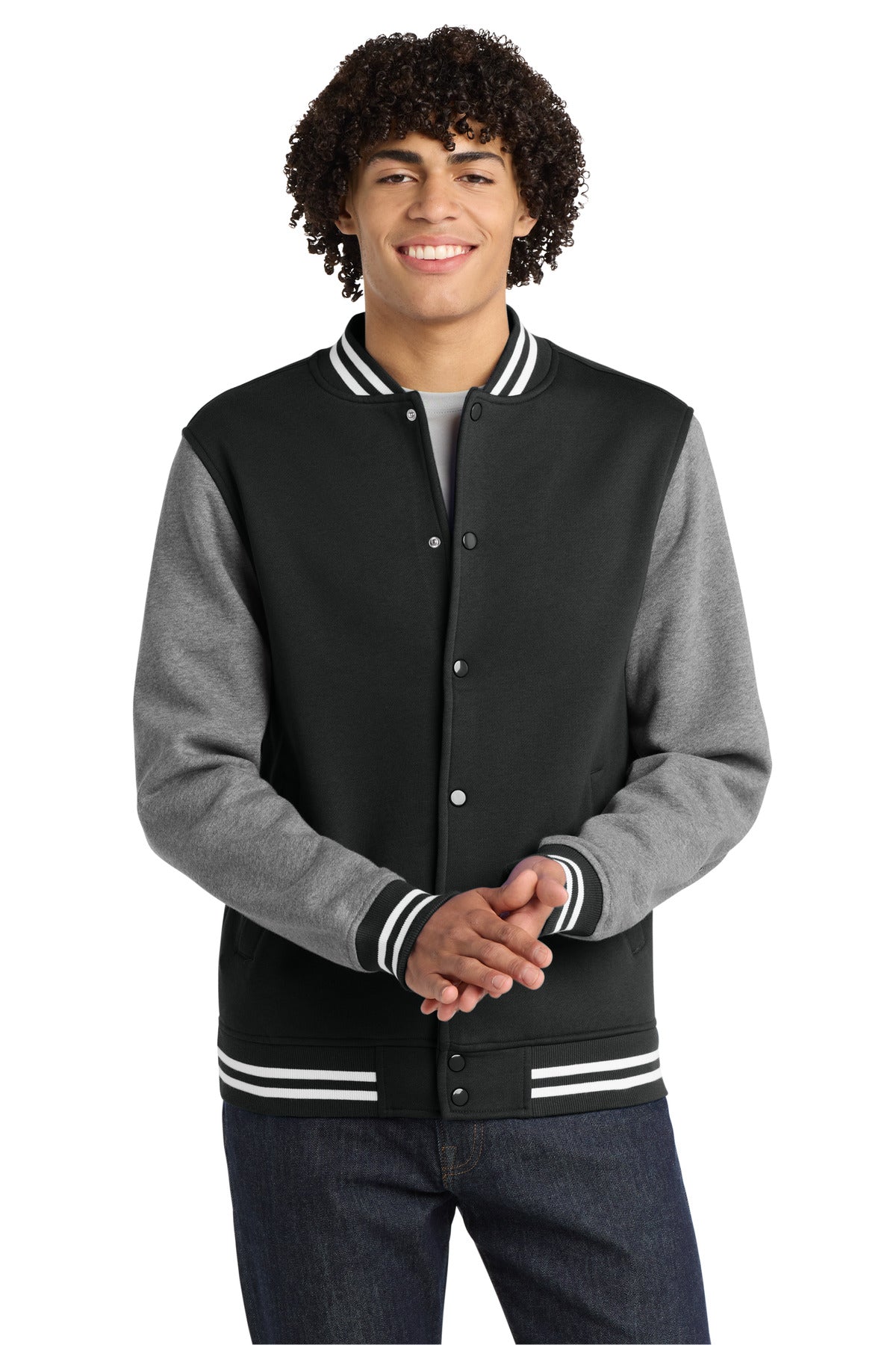 Front View of Black/Vnt Hthr Sport-Tek Fleece Letterman Jacket. ST270 plain