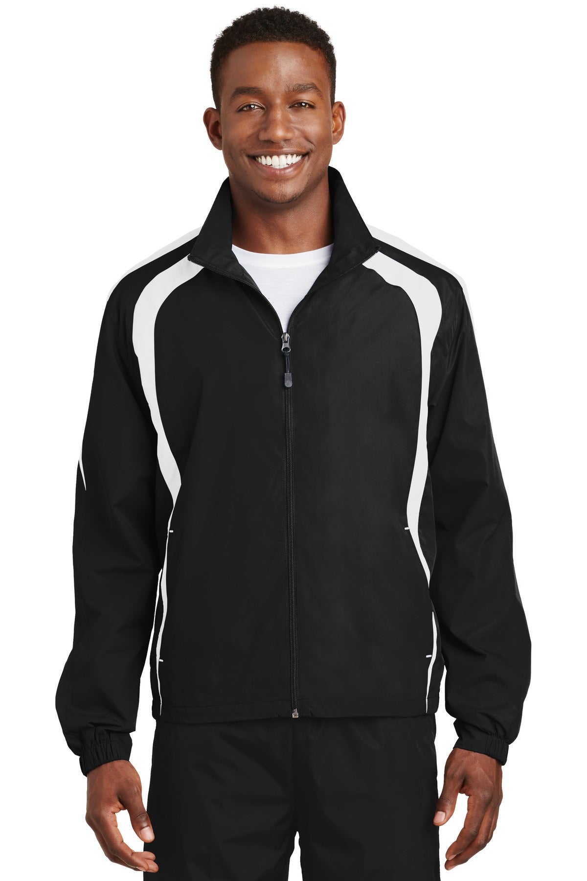 Front View of Black/White Sport-Tek Colorblock Raglan Jacket. JST60 plain
