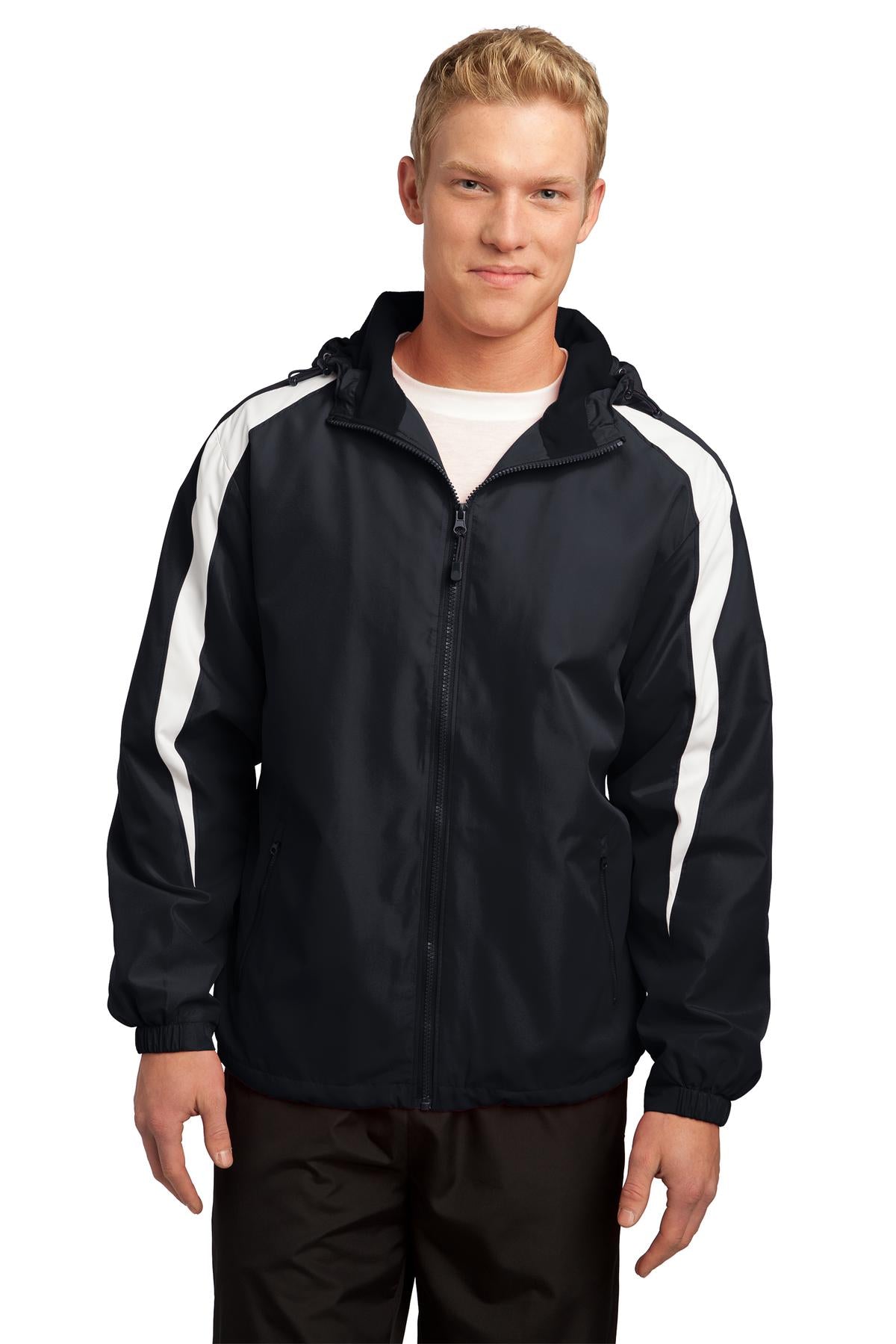 Front View of Black/White Sport-Tek Fleece-Lined Colorblock Jacket. JST81 plain