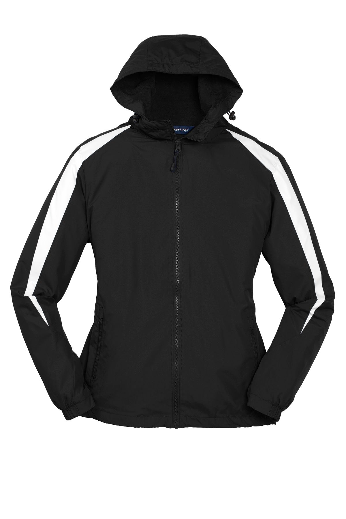 Front View of Black/White Sport-Tek Fleece-Lined Colorblock Jacket. JST81 plain