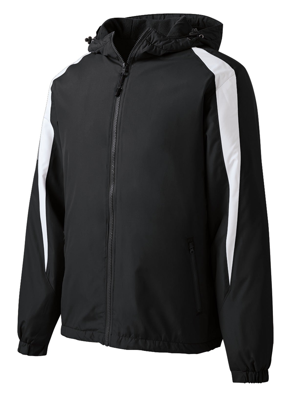 Front View of Black/White Sport-Tek Fleece-Lined Colorblock Jacket. JST81 plain