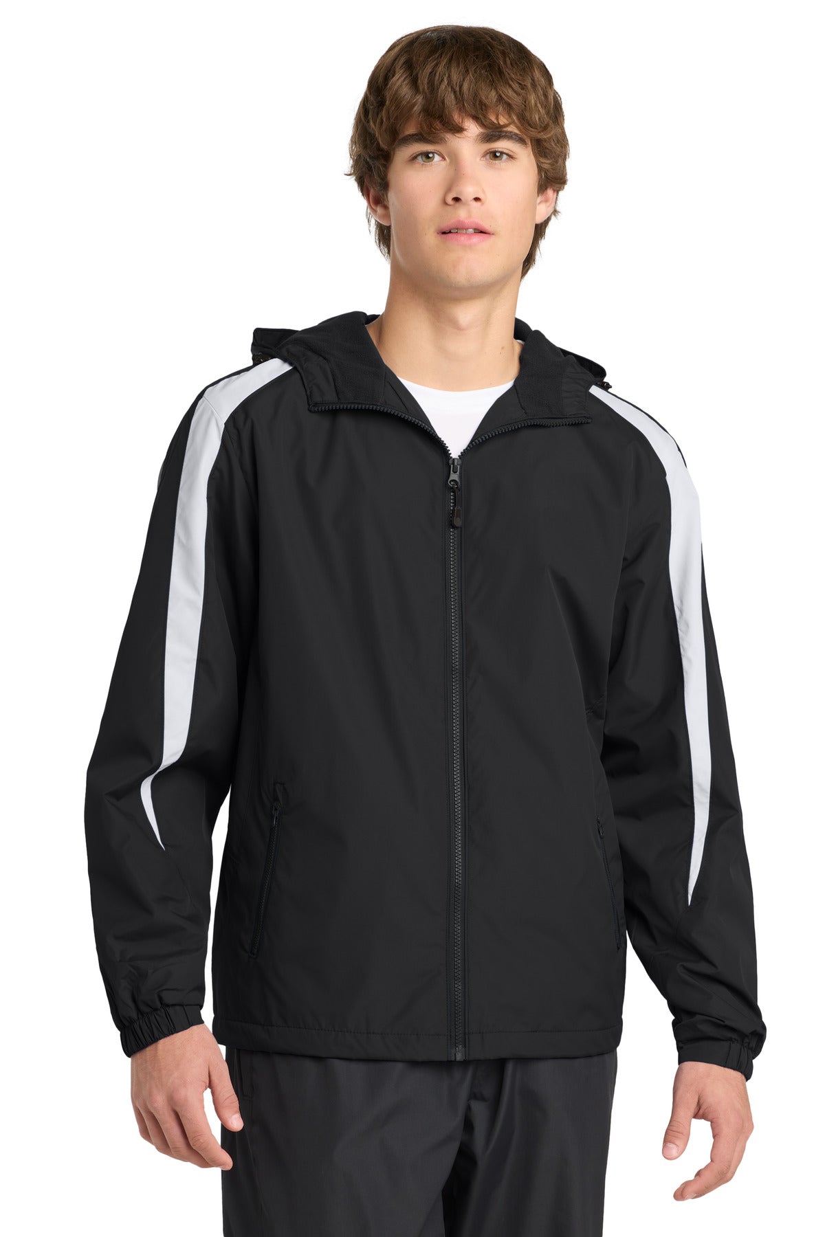 Front View of Black/White Sport-Tek Fleece-Lined Colorblock Jacket. JST81 plain