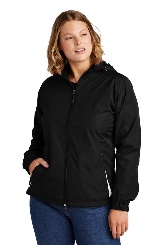 Front View of Black/White Sport-Tek Women's Colorblock Hooded Raglan Jacket. LST76 plain