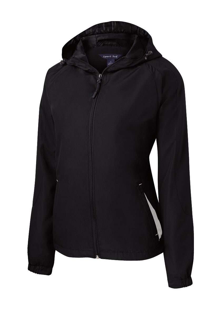 Front View of Black/White Sport-Tek Women's Colorblock Hooded Raglan Jacket. LST76 plain