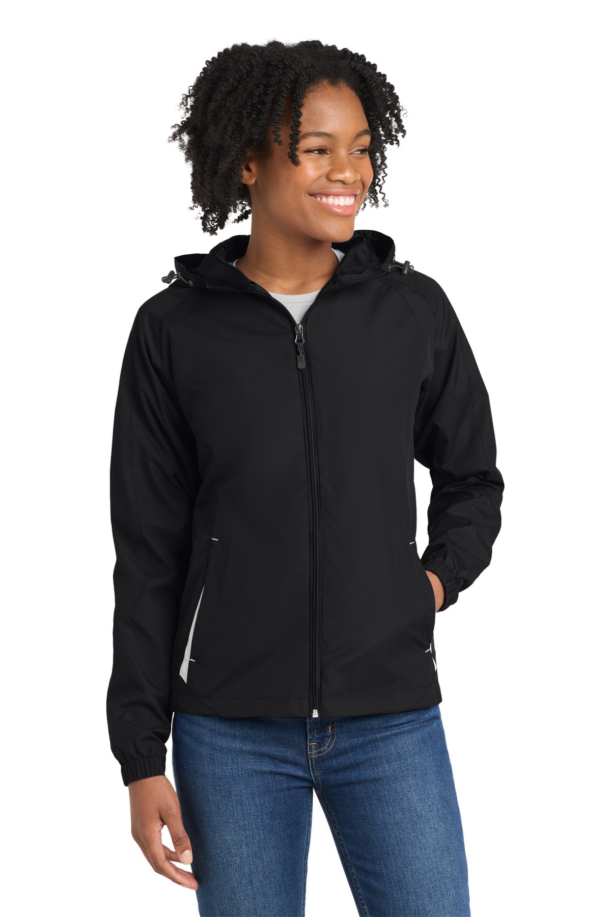 Front View of Black/White Sport-Tek Women's Colorblock Hooded Raglan Jacket. LST76 plain