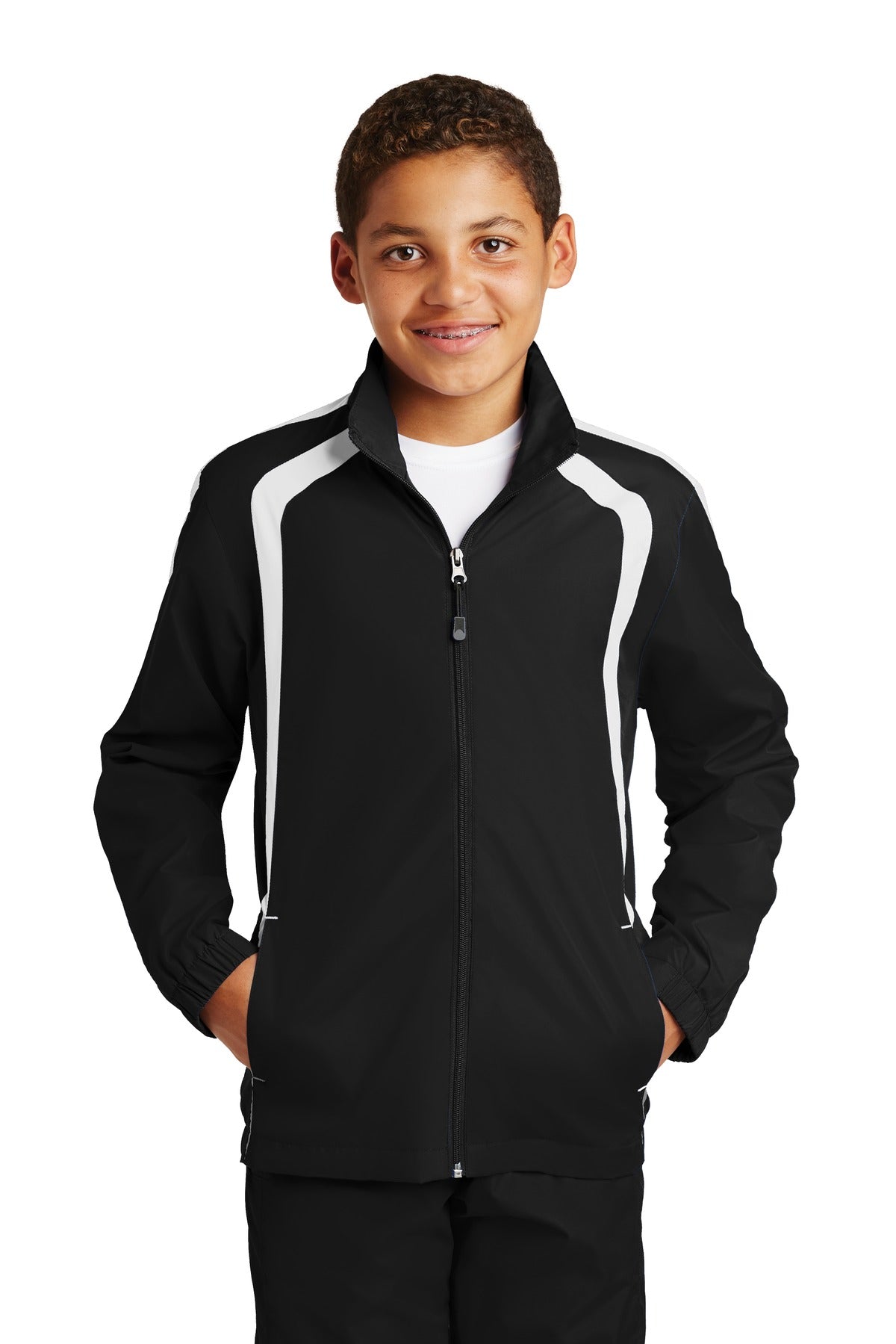 Front View of Black/White Sport-Tek Youth Colorblock Raglan Jacket. YST60 plain