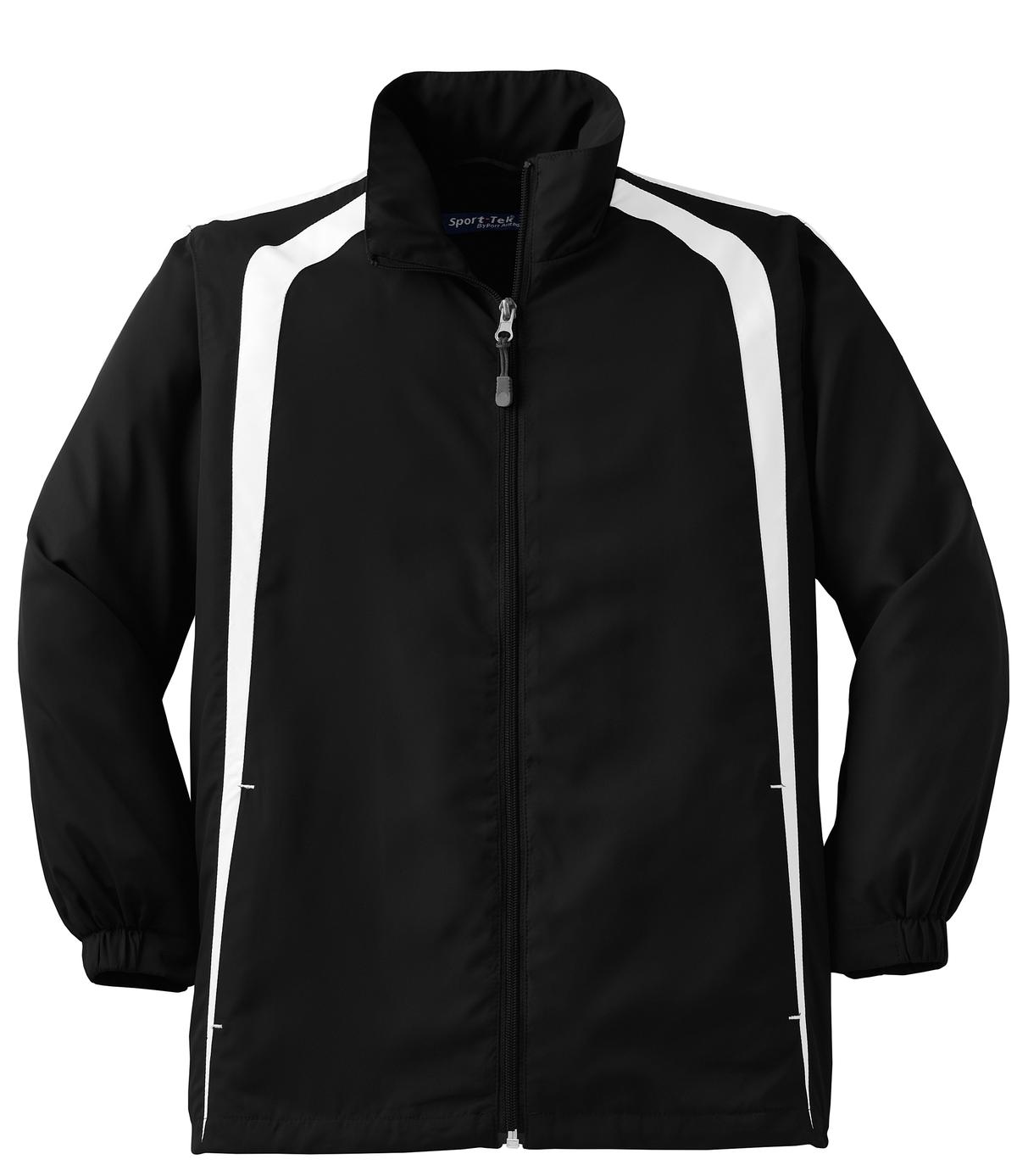 Front View of Black/White Sport-Tek Youth Colorblock Raglan Jacket. YST60 plain