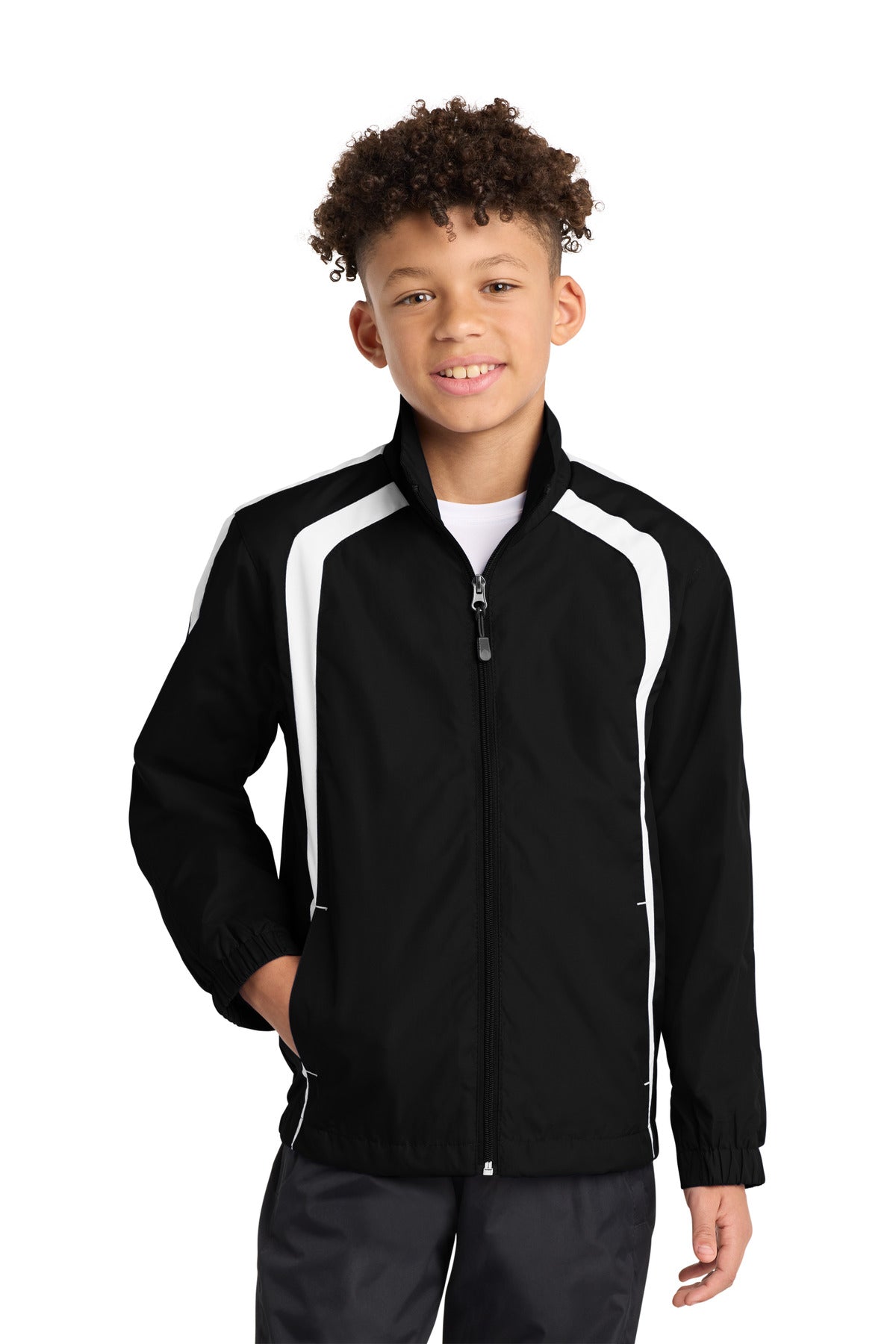 Front View of Black/White Sport-Tek Youth Colorblock Raglan Jacket. YST60