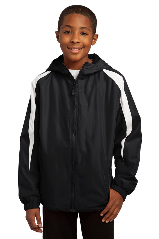 Front View of Black/White Sport-Tek Youth Fleece-Lined Colorblock Jacket. YST81 plain