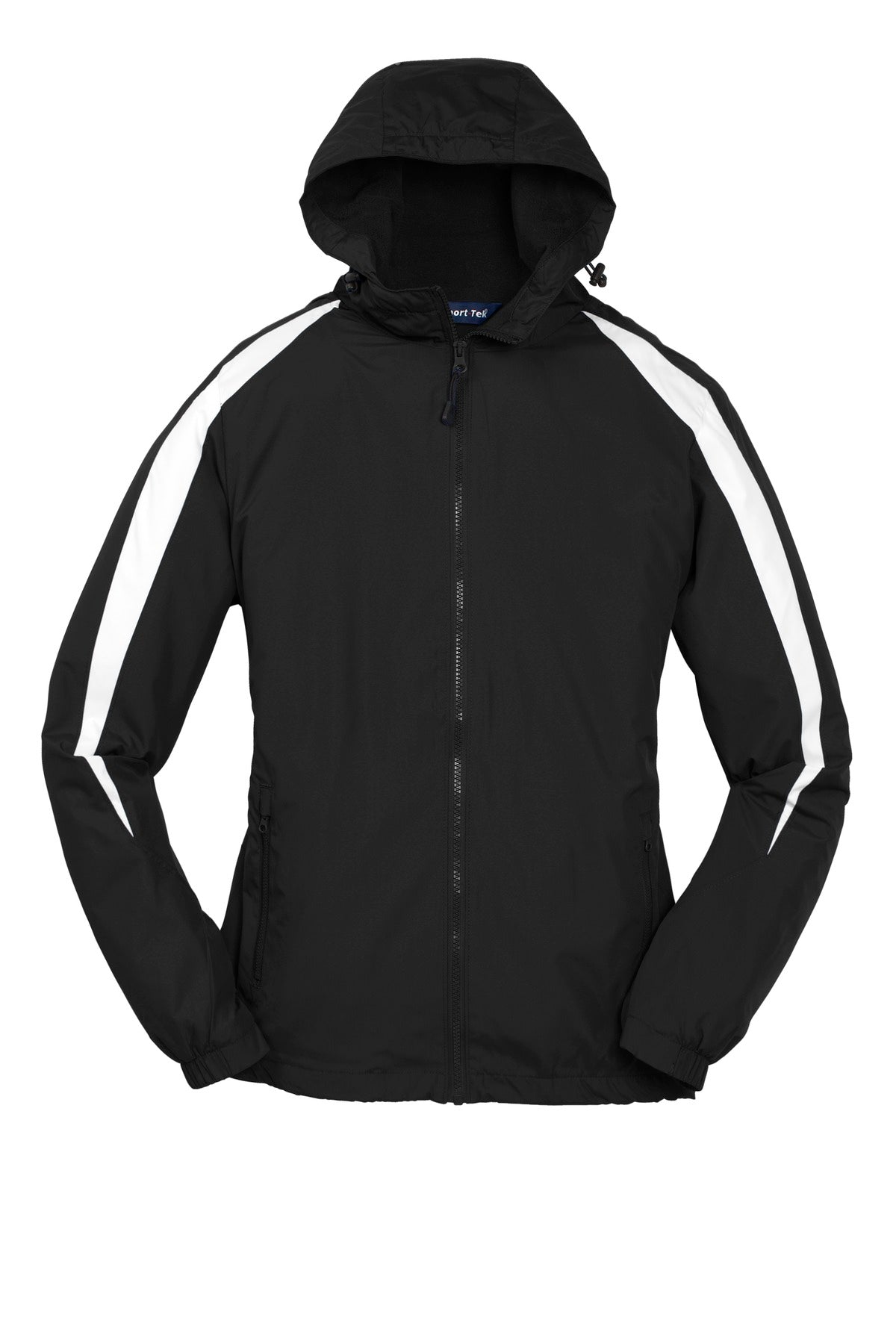 Front View of Black/White Sport-Tek Youth Fleece-Lined Colorblock Jacket. YST81 plain